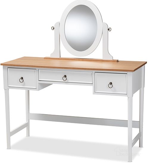 The appearance of Baxton Studio Sylvie Classic And Traditional White 3-Drawer Wood Vanity Table With Mirror designed by Baxton Studio in the traditional interior design. This white piece of furniture  was selected by 1StopBedrooms from Sylvie Collection to add a touch of cosiness and style into your home. Sku: SR1703010-White/Natural. Material: MDF. Product Type: Bedroom Vanity. Image1