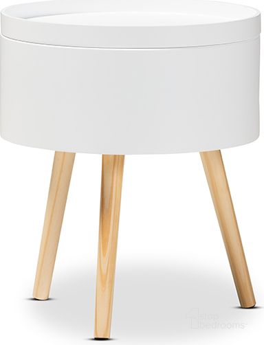 The appearance of Baxton Studio Jessen Mid-Century Modern White Wood Nightstand With Removable Top designed by Baxton Studio in the transitional interior design. This white piece of furniture  was selected by 1StopBedrooms from Jessen Collection to add a touch of cosiness and style into your home. Sku: SR1703018-White-NS. Product Type: Nightstand. Material: MDF. Image1