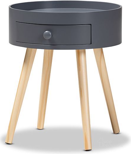 The appearance of Baxton Studio Jessen Mid-Century Modern Gray 1-Drawer Wood Nightstand designed by Baxton Studio in the transitional interior design. This gray piece of furniture  was selected by 1StopBedrooms from Jessen Collection to add a touch of cosiness and style into your home. Sku: SR1703019-Dark Grey-NS. Product Type: Nightstand. Material: MDF. Image1