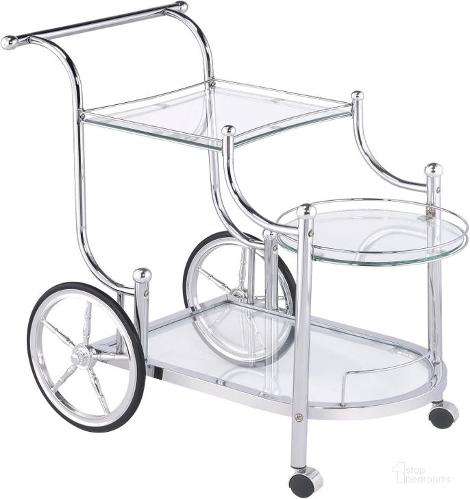 The appearance of Wheeled Serving Cart designed by Coaster in the traditional interior design. This chrome piece of furniture  was selected by 1StopBedrooms from Serving Collection to add a touch of cosiness and style into your home. Sku: 910076. Material: Metal. Product Type: Serving Cart. Image1