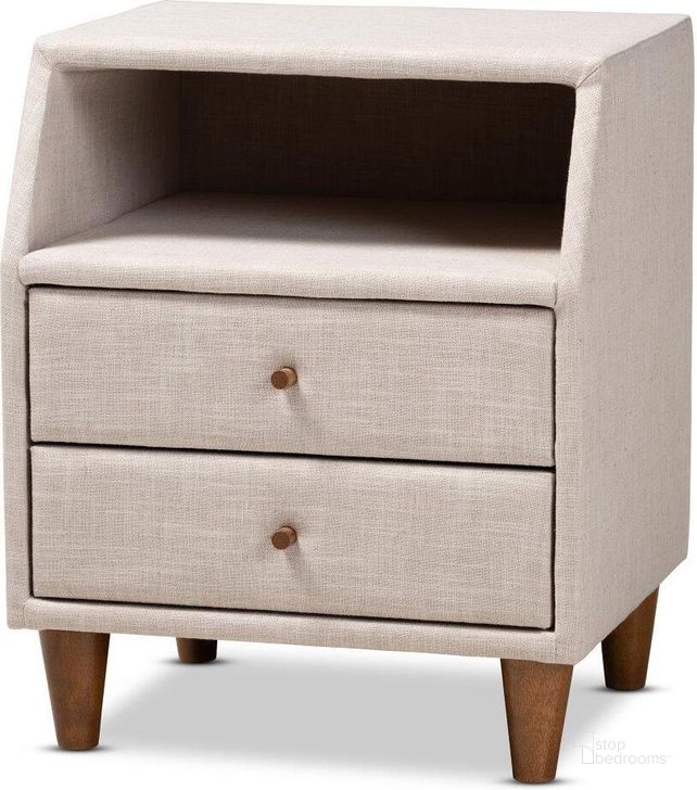 The appearance of Baxton Studio Claverie Mid-Century Modern Beige Fabric Upholstered 2-Drawer Wood Nightstand designed by Baxton Studio in the transitional interior design. This beige piece of furniture  was selected by 1StopBedrooms from Claverie Collection to add a touch of cosiness and style into your home. Sku: BBT3157-Beige-NS. Product Type: Nightstand. Material: Rubberwood. Image1
