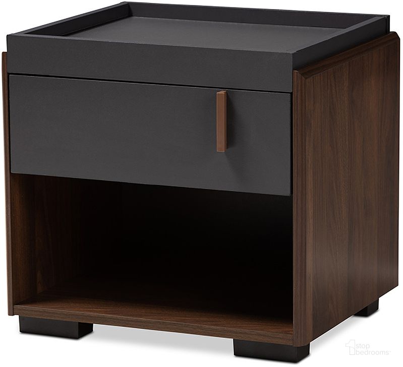 The appearance of Baxton Studio Rikke Modern And Contemporary Two-Tone Gray And Walnut Finished Wood 1-Drawer Nightstand designed by Baxton Studio in the modern / contemporary interior design. This gray piece of furniture  was selected by 1StopBedrooms from Rikke Collection to add a touch of cosiness and style into your home. Sku: BR3NT304-Columbia/Dark Grey-NS. Material: Wood. Product Type: Nightstand. Image1