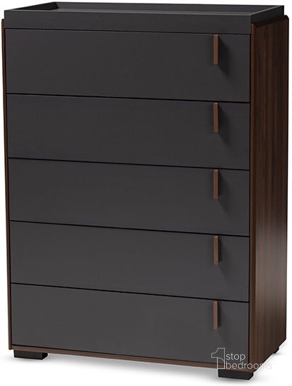 The appearance of Baxton Studio Rikke Modern And Contemporary Two-Tone Gray And Walnut Finished Wood 5-Drawer Chest designed by Baxton Studio in the modern / contemporary interior design. This gray piece of furniture  was selected by 1StopBedrooms from Rikke Collection to add a touch of cosiness and style into your home. Sku: BR3COD306-Columbia/Dark Grey-Chest. Material: Wood. Product Type: Chest. Image1