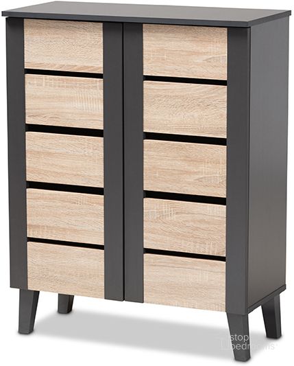 The appearance of Baxton Studio Melle Modern And Contemporary Two-Tone Oak Brown And Dark Gray 2-Door Wood Entryway Shoe Storage Cabinet designed by Baxton Studio in the modern / contemporary interior design. This oak piece of furniture  was selected by 1StopBedrooms from Melle Collection to add a touch of cosiness and style into your home. Sku: SESC16108-Dark Grey/Hana Oak-Shoe Cabinet. Material: Wood. Product Type: Shoe Cabinet. Image1
