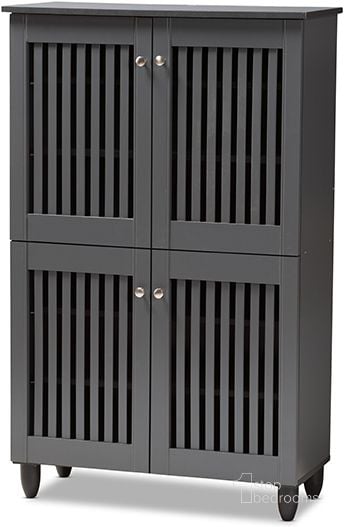 The appearance of Baxton Studio Fernanda Modern And Contemporary Dark Gray 4-Door Wooden Entryway Shoe Storage Cabinet designed by Baxton Studio in the modern / contemporary interior design. This dark gray piece of furniture  was selected by 1StopBedrooms from Fernanda Collection to add a touch of cosiness and style into your home. Sku: SC864574 A-Dark Grey-Shoe Cabinet. Material: Wood. Product Type: Shoe Cabinet. Image1