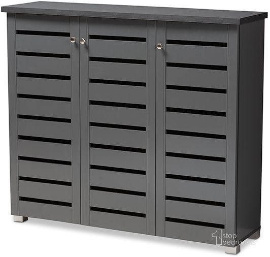 The appearance of Baxton Studio Adalwin Modern And Contemporary Dark Gray 3-Door Wooden Entryway Shoe Storage Cabinet designed by Baxton Studio in the modern / contemporary interior design. This dark gray piece of furniture  was selected by 1StopBedrooms from Adalwin Collection to add a touch of cosiness and style into your home. Sku: SC863533M-Dark Grey-Shoe Cabinet. Material: Wood. Product Type: Shoe Cabinet. Image1