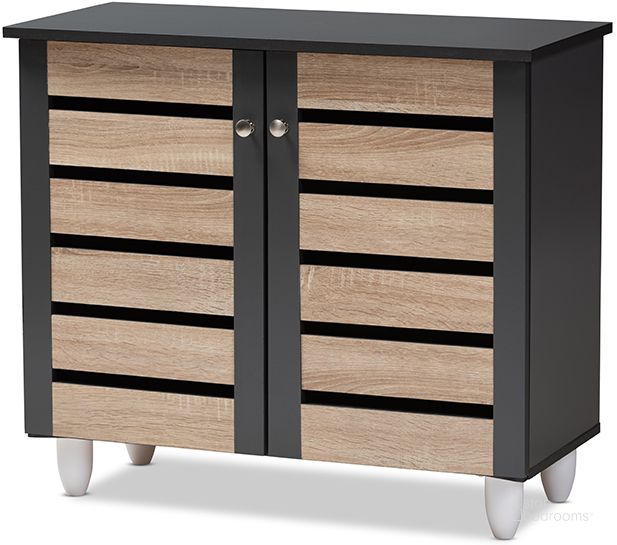 The appearance of Baxton Studio Gisela Modern And Contemporary Two-Tone Oak And Dark Gray 2-Door Shoe Storage Cabinet designed by Baxton Studio in the modern / contemporary interior design. This oak piece of furniture  was selected by 1StopBedrooms from Gisela Collection to add a touch of cosiness and style into your home. Sku: SC865512M-Sonama Oak/Dark Grey-Shoe Cabinet. Material: Wood. Product Type: Shoe Cabinet. Image1