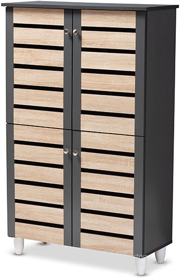 The appearance of Baxton Studio Gisela Modern And Contemporary Two-Tone Oak And Dark Gray 4-Door Shoe Storage Cabinet designed by Baxton Studio in the modern / contemporary interior design. This oak piece of furniture  was selected by 1StopBedrooms from Gisela Collection to add a touch of cosiness and style into your home. Sku: SC865514M-Sonama Oak/Dark Grey-Shoe Cabinet. Material: Wood. Product Type: Shoe Cabinet. Image1