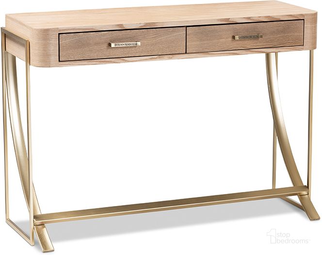 The appearance of Baxton Studio Lafoy Modern And Contemporary Natural Brown Finished Wood And Gold Finished 2-Drawer Console Table designed by Baxton Studio in the modern / contemporary interior design. This natural piece of furniture  was selected by 1StopBedrooms from Lafoy Collection to add a touch of cosiness and style into your home. Sku: FJ2A034-Light Brown-Console. Product Type: Console Table. Material: MDF. Image1