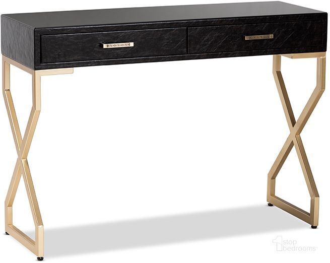 The appearance of Baxton Studio Carville Modern And Contemporary Dark Brown Faux Leather Upholstered Gold Finished 2-Drawer Console Table designed by Baxton Studio in the modern / contemporary interior design. This dark brown piece of furniture  was selected by 1StopBedrooms from Carville Collection to add a touch of cosiness and style into your home. Sku: FJ2A035-Dark Brown-Console. Product Type: Console Table. Material: MDF. Image1