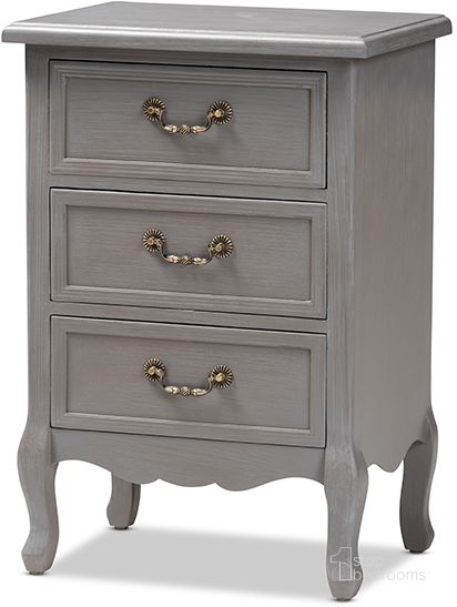The appearance of Baxton Studio Capucine Antique French Country Cottage Grey Finished Wood 3-Drawer Nightstand designed by Baxton Studio in the transitional interior design. This gray piece of furniture  was selected by 1StopBedrooms from Capucine Collection to add a touch of cosiness and style into your home. Sku: JY18A028-Grey-NS. Product Type: Nightstand. Material: MDF. Image1
