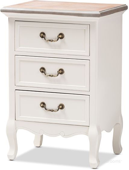The appearance of Baxton Studio Capucine Antique French Country Cottage Two Tone Natural Whitewashed Oak And White Finished Wood 3-Drawer Nightstand designed by Baxton Studio in the transitional interior design. This white piece of furniture  was selected by 1StopBedrooms from Capucine Collection to add a touch of cosiness and style into your home. Sku: JY17B092-White-NS. Product Type: Nightstand. Material: MDF. Image1