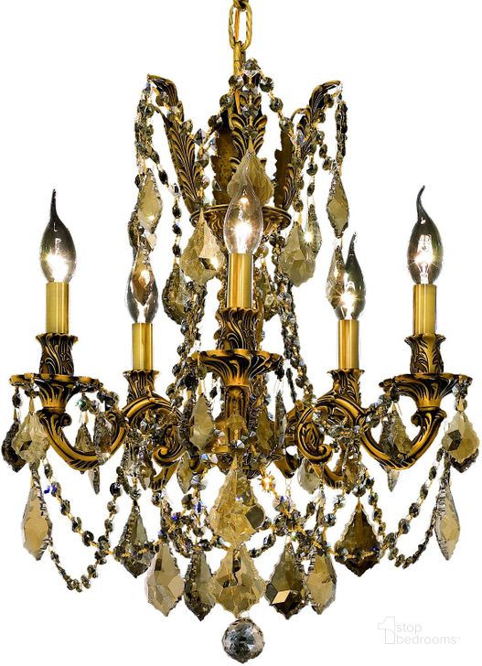 The appearance of Rosalia 18 French Gold 5 Light Pendant With Golden Teak Royal Cut Crystal Trim designed by Elegant Lighting in the glam interior design. This gold piece of furniture  was selected by 1StopBedrooms from Rosalia Collection to add a touch of cosiness and style into your home. Sku: 9205D18FG-GT/RC. Product Type: Pendant Lighting. Material: Crystal.