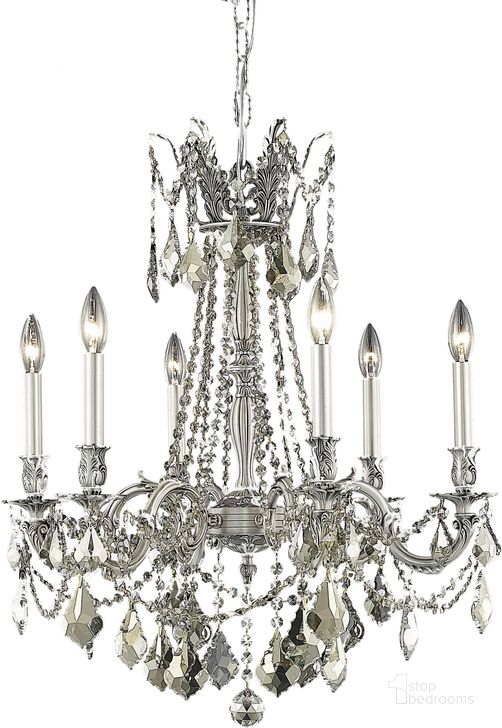 The appearance of Rosalia 23 Pewter 6 Light Chandelier With Golden Teak Royal Cut Crystal Trim designed by Elegant Lighting in the glam interior design. This pewter piece of furniture  was selected by 1StopBedrooms from Rosalia Collection to add a touch of cosiness and style into your home. Sku: 9206D23PW-GT/RC. Product Type: Chandelier. Material: Crystal.