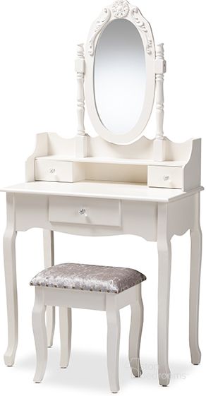 The appearance of Baxton Studio Veronique Traditional French Provincial White Finished Wood 2-Piece Vanity Table With Mirror And Ottoman designed by Baxton Studio in the transitional interior design. This white piece of furniture  was selected by 1StopBedrooms from Veronique Collection to add a touch of cosiness and style into your home. Sku: WF18-White-Vanity. Material: MDF. Product Type: Bathroom Vanity. Image1