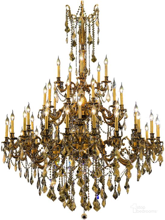 The appearance of Rosalia 54 French Gold 45 Light Chandelier With Golden Teak Royal Cut Crystal Trim designed by Elegant Lighting in the glam interior design. This gold piece of furniture  was selected by 1StopBedrooms from Rosalia Collection to add a touch of cosiness and style into your home. Sku: 9245G54FG-GT/RC. Product Type: Chandelier. Material: Crystal.