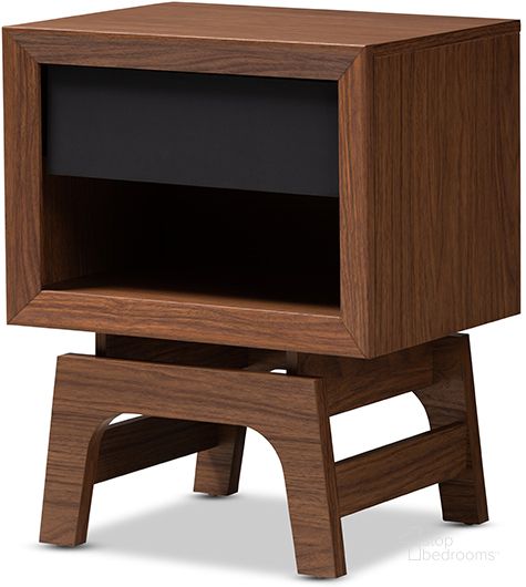 The appearance of Baxton Studio Svante Mid-Century Modern Walnut Brown And Dark Gray Finished Wood 1-Drawer Nightstand designed by Baxton Studio in the transitional interior design. This walnut piece of furniture  was selected by 1StopBedrooms from Svante Collection to add a touch of cosiness and style into your home. Sku: WI1704-Walnut/Grey-NS. Product Type: Nightstand. Material: MDF. Image1