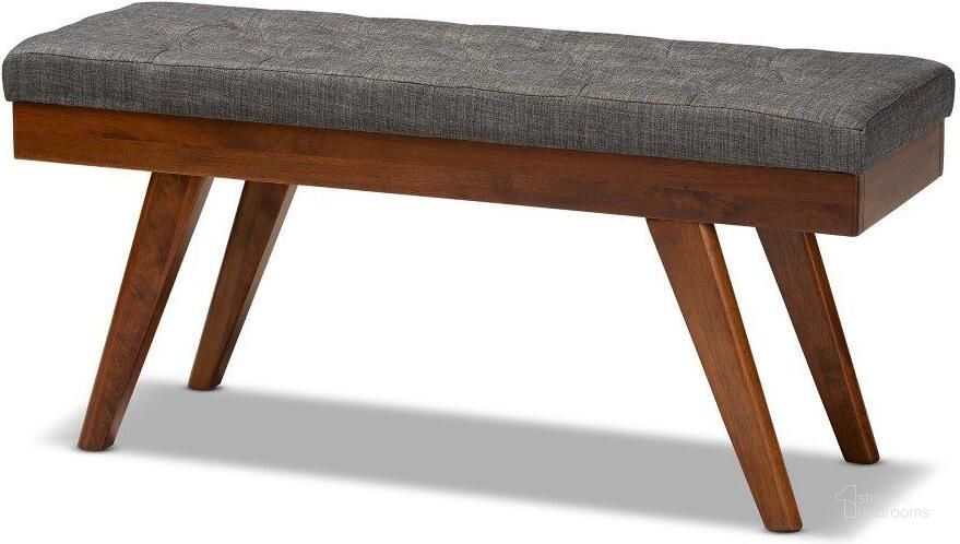 The appearance of Baxton Studio Alona Mid-Century Modern Medium Grey Fabric Upholstered Wood Dining Bench designed by Baxton Studio in the transitional interior design. This dark gray piece of furniture  was selected by 1StopBedrooms from Alona Collection to add a touch of cosiness and style into your home. Sku: Alona-Medium Oak/Medium Grey-Bench. Product Type: Dining Bench. Image1