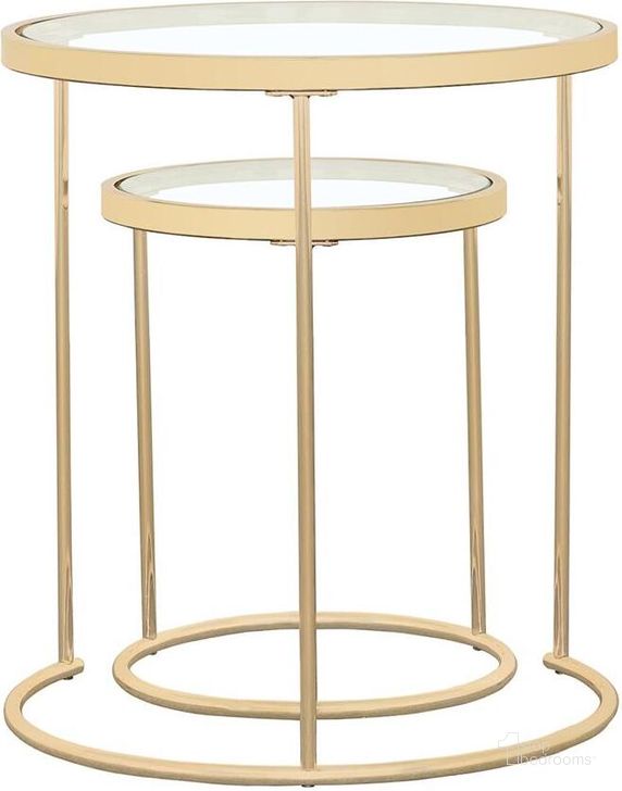 The appearance of Gold 2 Piece Nesting Table designed by Coaster in the modern / contemporary interior design. This gold piece of furniture  was selected by 1StopBedrooms from  to add a touch of cosiness and style into your home. Sku: 935936. Material: Metal. Product Type: Coffee Table. Image1
