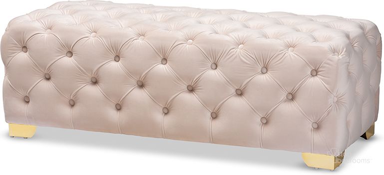 The appearance of Baxton Studio Avara Glam And Luxe Light Beige Velvet Fabric Upholstered Gold Finished Button Tufted Bench Ottoman designed by Baxton Studio in the glam interior design. This light beige piece of furniture  was selected by 1StopBedrooms from Avara Collection to add a touch of cosiness and style into your home. Sku: TSFOT028-Light Beige/Gold-Otto. Material: Fabric. Product Type: Ottoman. Image1