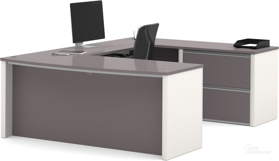 The appearance of Connexion Slate and Sandstone U-Shaped Workstation with Oversized Small Pedestal designed by Bestar in the modern / contemporary interior design. This gray piece of furniture  was selected by 1StopBedrooms from Connexion Collection to add a touch of cosiness and style into your home. Sku: 93865-59. Material: Wood. Product Type: Work Station. Table Top Shape: U Shape. Image1