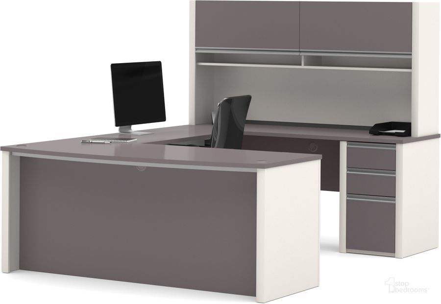 The appearance of Connexion Slate and Sandstone U-Shaped Workstation Set with Hutch and Small Pedestal designed by Bestar in the modern / contemporary interior design. This gray piece of furniture  was selected by 1StopBedrooms from Connexion Collection to add a touch of cosiness and style into your home. Sku: 93879-59. Material: Wood. Product Type: Home Office Set. Table Top Shape: U Shape. Image1