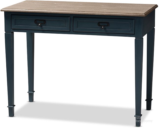 The appearance of Baxton Studio Dauphine French Provincial Spruce Blue Accent Writing Desk designed by Baxton Studio in the transitional interior design. This blue piece of furniture  was selected by 1StopBedrooms from Dauphine Collection to add a touch of cosiness and style into your home. Sku: CHR4VM/M B-CA-Blue Spruce-Desk. Material: Wood. Product Type: Writing Desk. Image1
