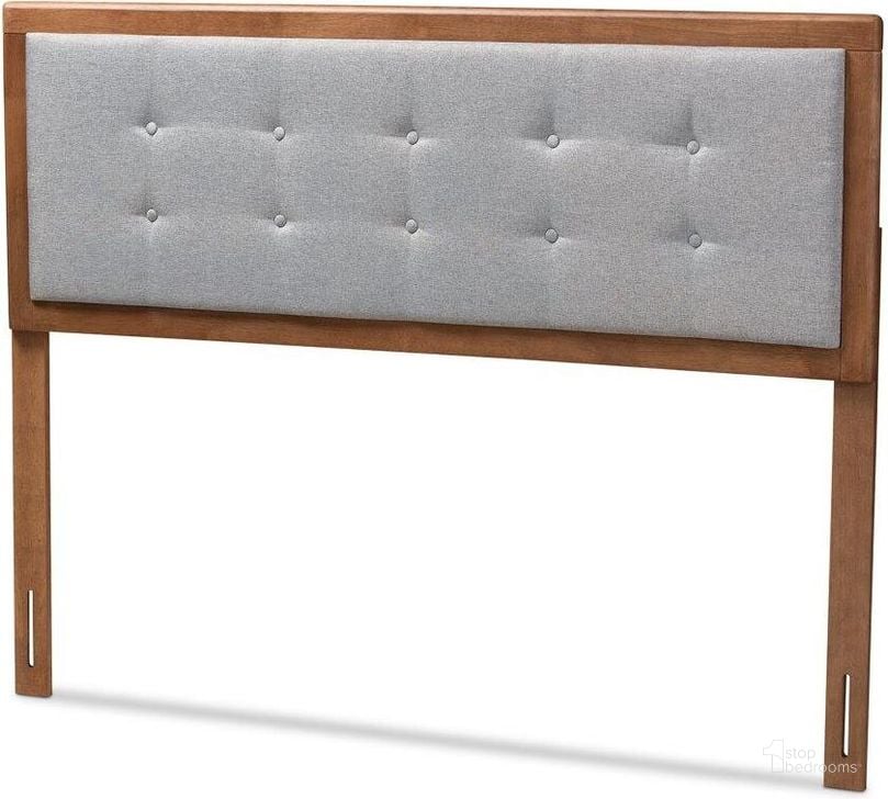 The appearance of Baxton Studio Sarine Mid-Century Modern Light Grey Fabric Upholstered Walnut Brown Finished Wood Full Size Headboard designed by Baxton Studio in the transitional interior design. This gray piece of furniture  was selected by 1StopBedrooms from Sarine Collection to add a touch of cosiness and style into your home. Sku: MG97053-Light Grey/Ash Walnut-HB-Full. Product Type: Headboard. Bed Size: Full. Material: Rubberwood. Image1