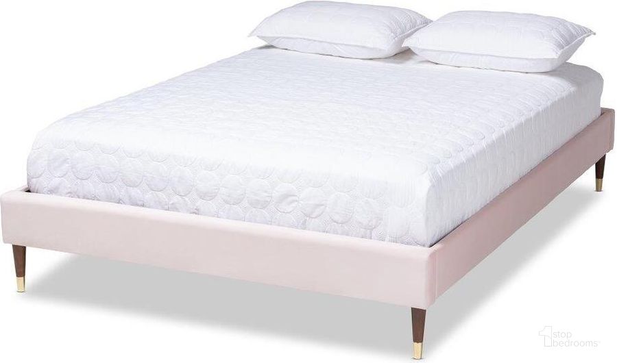 The appearance of Baxton Studio Volden Glam and Luxe Light Pink Velvet Fabric Upholstered Full Size Wood Platform Bed Frame with Gold-Tone Leg Tips designed by Baxton Studio in the glam interior design. This pink piece of furniture  was selected by 1StopBedrooms from Volden Collection to add a touch of cosiness and style into your home. Sku: BBT6598A1-Light Pink-Full. Product Type: Bed Frame. Material: Rubberwood. Image1