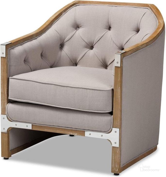The appearance of Baxton Studio Terina French Country Industrial Grey-Beige Fabric Upholstered Whitewashed Oak Wood Armchair with Metal Accents designed by Baxton Studio in the transitional interior design. This beige piece of furniture  was selected by 1StopBedrooms from Terina Collection to add a touch of cosiness and style into your home. Sku: TSF7763-Beige-CC. Material: Wood. Product Type: Living Room Chair. Image1