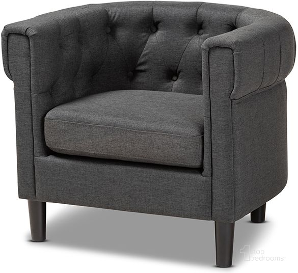 The appearance of Baxton Studio Bisset Classic And Traditional Gray Fabric Upholstered Chesterfield Chair designed by Baxton Studio in the traditional interior design. This charcoal piece of furniture  was selected by 1StopBedrooms from Bisset Collection to add a touch of cosiness and style into your home. Sku: 1809-Grey-CC. Material: Fabric. Product Type: Living Room Chair. Image1