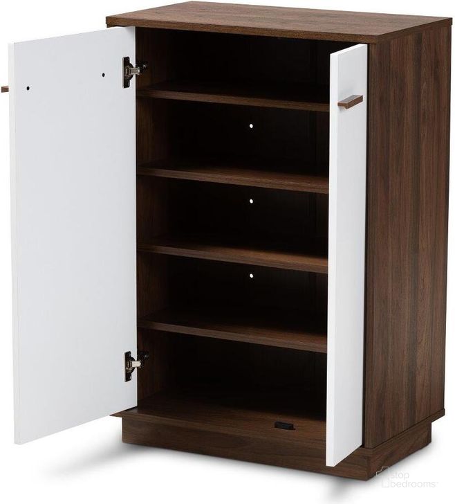 The appearance of Baxton Studio Mette Mid-Century Modern Two-Tone White and Walnut Finished 5-Shelf Wood Entryway Shoe Cabinet designed by Baxton Studio in the transitional interior design. This white piece of furniture  was selected by 1StopBedrooms from Mette Collection to add a touch of cosiness and style into your home. Sku: LV3SC3150WI-Columbia/White-Shoe Cabinet. Material: MDF. Product Type: Shoe Cabinet. Image1