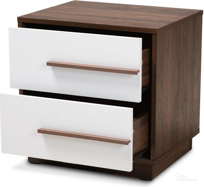 The appearance of Baxton Studio Mette Mid-Century Modern Two-Tone White and Walnut Finished 2-Drawer Wood Nightstand designed by Baxton Studio in the transitional interior design. This white piece of furniture  was selected by 1StopBedrooms from Mette Collection to add a touch of cosiness and style into your home. Sku: LV3ST3240WI-Columbia/White-NS. Product Type: Nightstand. Material: MDF. Image1