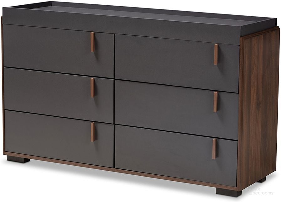 The appearance of Baxton Studio Rikke Modern And Contemporary Two-Tone Gray And Walnut Finished Wood 6-Drawer Dresser designed by Baxton Studio in the modern / contemporary interior design. This gray piece of furniture  was selected by 1StopBedrooms from Rikke Collection to add a touch of cosiness and style into your home. Sku: BR3COD3061-Columbia/Dark Grey-Dresser. Material: Wood. Product Type: Dresser. Image1