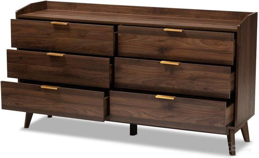 The appearance of Baxton Studio Lena Mid-Century Modern Walnut Brown Finished 6-Drawer Wood Dresser designed by Baxton Studio in the transitional interior design. This walnut piece of furniture  was selected by 1StopBedrooms from Lena Collection to add a touch of cosiness and style into your home. Sku: LV4COD4231WI-Columbia-6DW-Dresser. Product Type: Dresser. Material: MDF. Image1
