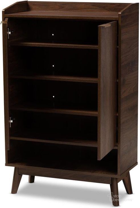 The appearance of Baxton Studio Lena Mid-Century Modern Walnut Brown Finished 5-Shelf Wood Entryway Shoe Cabinet designed by Baxton Studio in the transitional interior design. This walnut piece of furniture  was selected by 1StopBedrooms from Lena Collection to add a touch of cosiness and style into your home. Sku: LV4SC4150WI-Columbia-Shoe Cabinet. Material: MDF. Product Type: Shoe Cabinet. Image1
