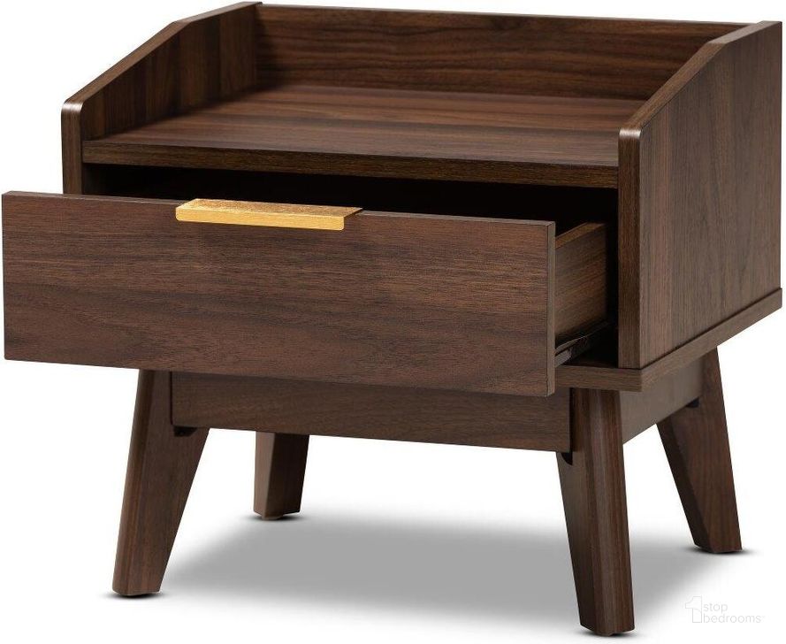 The appearance of Baxton Studio Lena Mid-Century Modern Walnut Brown Finished 1-Drawer Wood Nightstand designed by Baxton Studio in the transitional interior design. This walnut piece of furniture  was selected by 1StopBedrooms from Lena Collection to add a touch of cosiness and style into your home. Sku: LV4ST4240WI-Columbia-NS. Product Type: Nightstand. Material: MDF. Image1