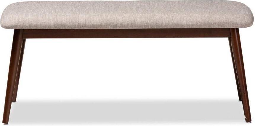 The appearance of Baxton Studio Flora Mid-Century Modern Light Grey Fabric Upholstered Walnut Finished Wood Dining Bench designed by Baxton Studio in the transitional interior design. This light gray piece of furniture  was selected by 1StopBedrooms from Flora Collection to add a touch of cosiness and style into your home. Sku: Flora-Light Grey/Walnut-Bench. Product Type: Dining Bench. Material: Rubberwood. Image1