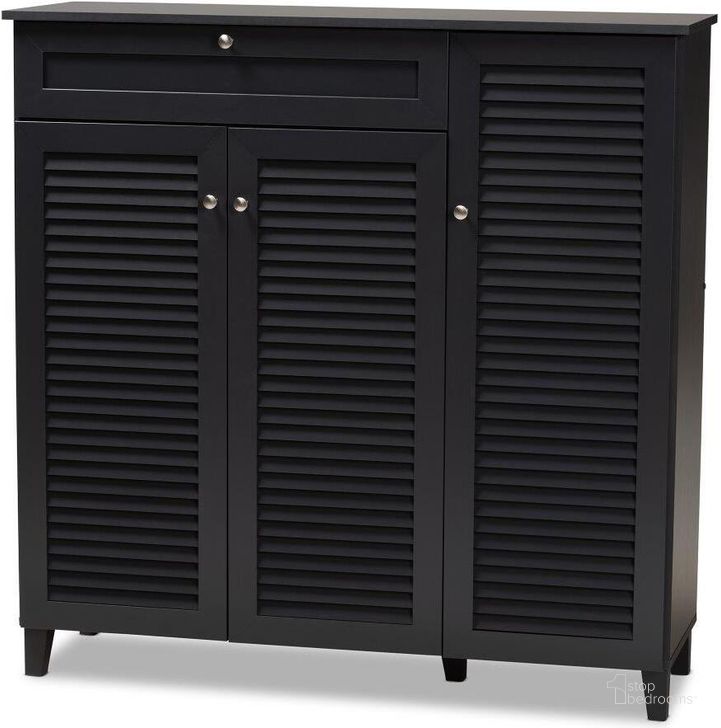 The appearance of Baxton Studio Coolidge Modern and Contemporary Dark Grey Finished 11-Shelf Wood Shoe Storage Cabinet with Drawer designed by Baxton Studio in the modern / contemporary interior design. This gray piece of furniture  was selected by 1StopBedrooms from Coolidge Collection to add a touch of cosiness and style into your home. Sku: FP-05LV-Dark Grey. Material: Wood. Product Type: Shoe Cabinet. Image1