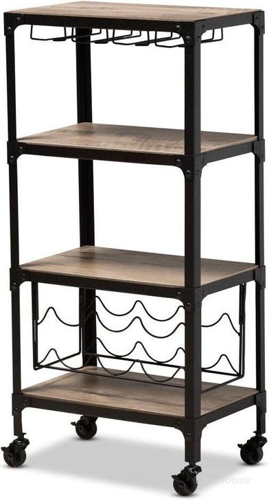The appearance of Swanson Rustic Industrial Style Antique Black Textured Metal Distressed Oak Finished Wood Mobile Kitchen Bar Wine Cart designed by Baxton Studio in the rustic / southwestern interior design. This black piece of furniture  was selected by 1StopBedrooms from Swanson Collection to add a touch of cosiness and style into your home. Sku: YLX-9033-SJQA-001. Material: Wood. Product Type: Wine Cabinet. Image1