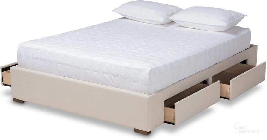 The appearance of Baxton Studio Leni Modern and Contemporary Beige Fabric Upholstered 4-Drawer King Size Platform Storage Bed Frame designed by Baxton Studio in the modern / contemporary interior design. This beige piece of furniture  was selected by 1StopBedrooms from Leni Collection to add a touch of cosiness and style into your home. Sku: CF9045-Beige-King. Material: Fabric. Product Type: Bed Frame. Bed Size: King. Image1