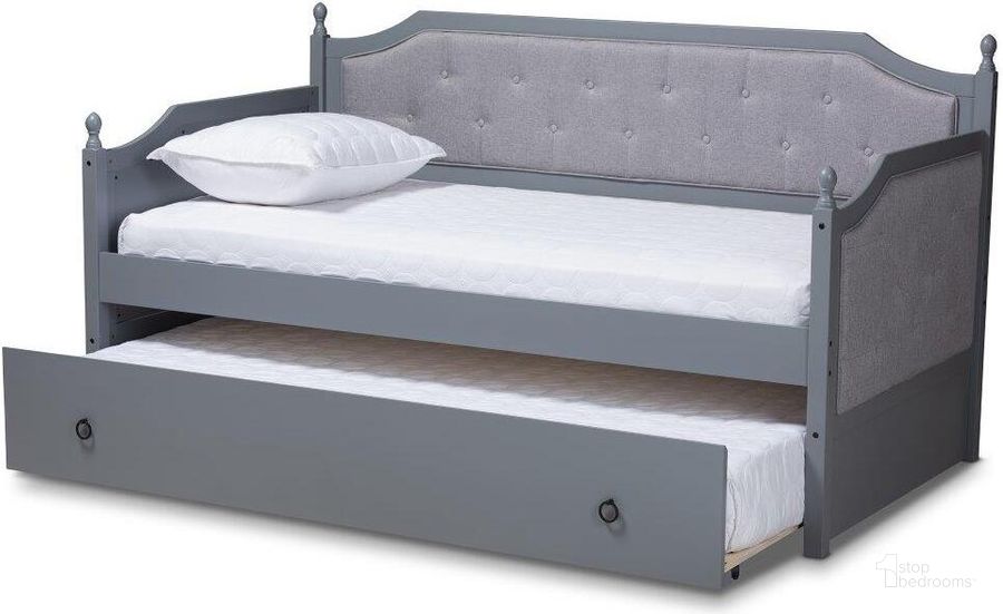 The appearance of Baxton Studio Mara Classic and Traditional Grey Fabric Upholstered Grey Finished Wood Twin Size Daybed with Trundle designed by Baxton Studio in the traditional interior design. This grey piece of furniture  was selected by 1StopBedrooms from Mara Collection to add a touch of cosiness and style into your home. Sku: MG0014-Grey/Grey-Daybed. Bed Type: Daybed. Product Type: DayBed. Bed Size: Twin. Material: Rubberwood. Image1
