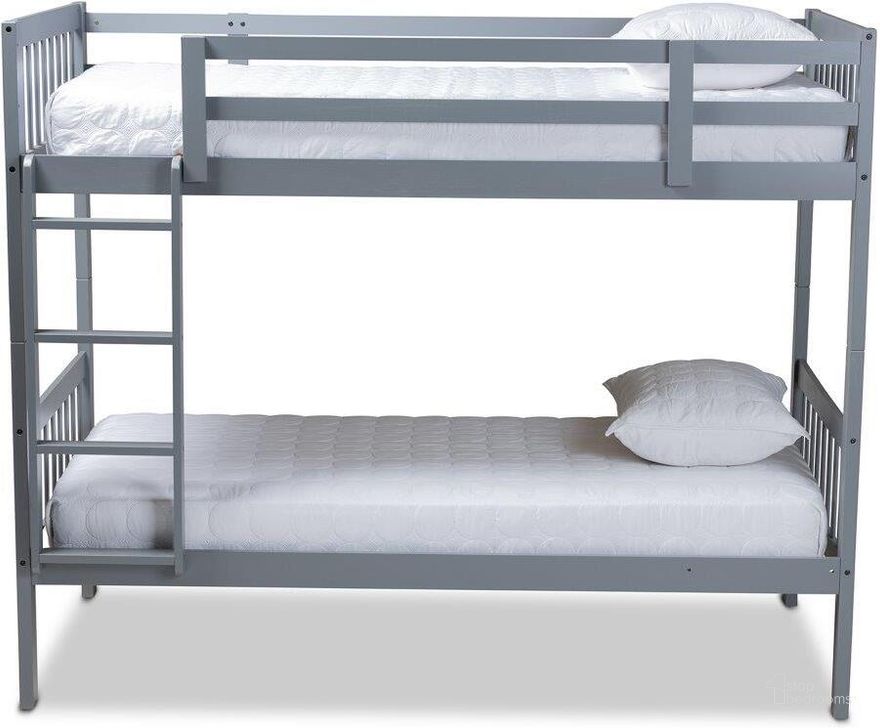 The appearance of Baxton Studio Jude Modern and Contemporary Grey Finished Wood Twin Size Bunk Bed designed by Baxton Studio in the modern / contemporary interior design. This gray piece of furniture  was selected by 1StopBedrooms from Jude Collection to add a touch of cosiness and style into your home. Sku: MG0045-Grey-Twin Bunk Bed. Bed Type: Bunk Bed. Product Type: Bunk Bed. Bed Size: Twin. Material: Rubberwood. Image1