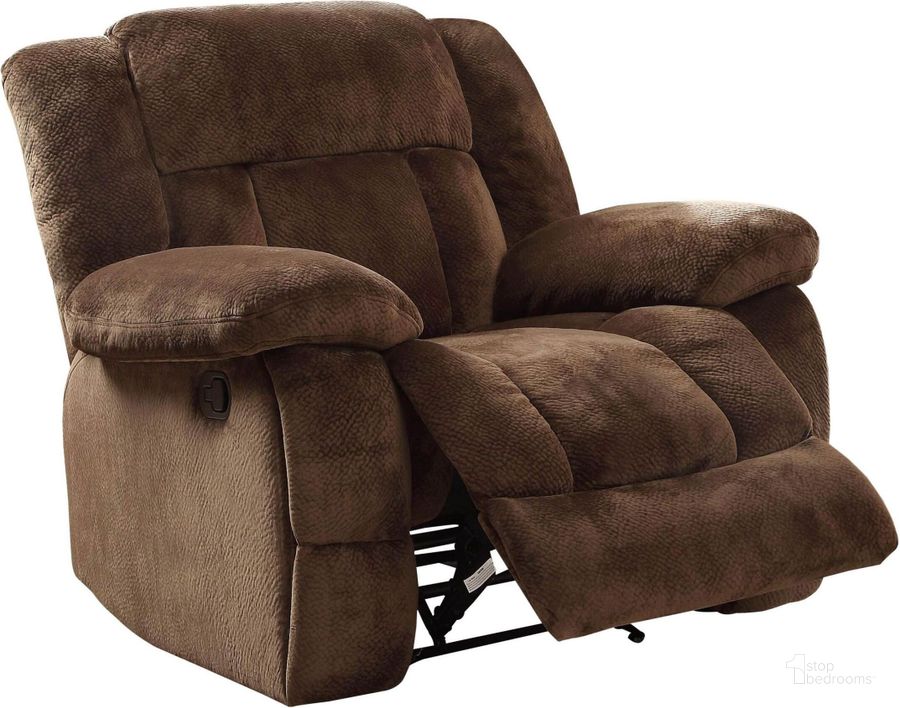 The appearance of Laurelton Chocolate Glider Reclining Chair designed by Homelegance in the modern / contemporary interior design. This brown piece of furniture  was selected by 1StopBedrooms from Laurelton Collection to add a touch of cosiness and style into your home. Sku: 9636-1. Material: Fabric. Product Type: Reclining Chair. Image1