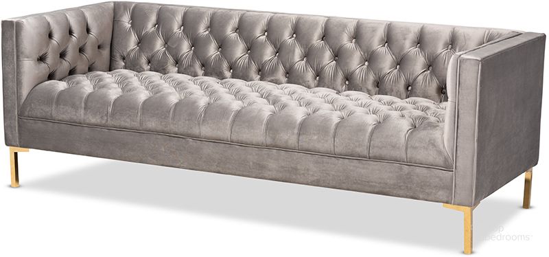 The appearance of Baxton Studio Zanetta Glam And Luxe Gray Velvet Upholstered Gold Finished Sofa designed by Baxton Studio in the glam interior design. This gray piece of furniture  was selected by 1StopBedrooms from Zanetta Collection to add a touch of cosiness and style into your home. Sku: TSF-7723-Grey/Gold-SF. Material: Fabric. Product Type: Sofa. Image1