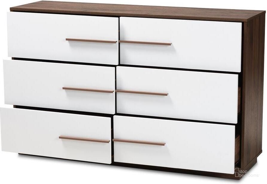 The appearance of Baxton Studio Mette Mid-Century Modern White and Walnut Finished 6-Drawer Wood Dresser designed by Baxton Studio in the transitional interior design. This white piece of furniture  was selected by 1StopBedrooms from Mette Collection to add a touch of cosiness and style into your home. Sku: LV3COD3232WI-Columbia/White-6DW-Dresser. Product Type: Dresser. Material: MDF. Image1
