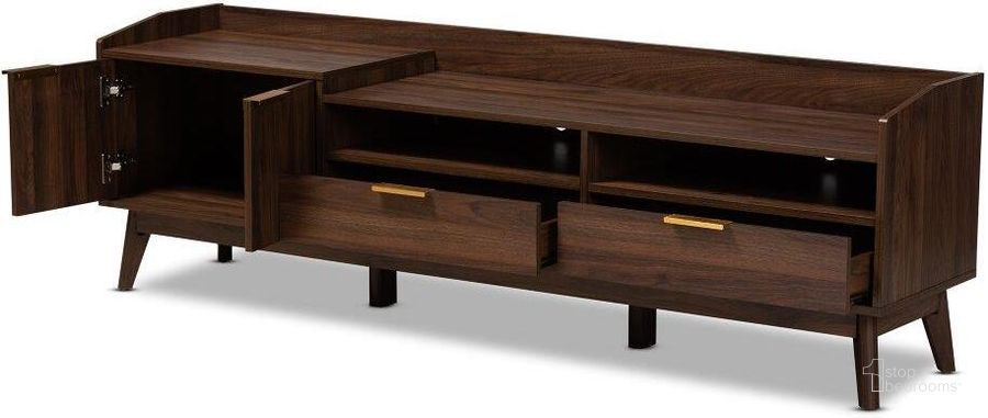 The appearance of Baxton Studio Lena Mid-Century Modern Walnut Brown Finished 2-Drawer Wood TV Stand designed by Baxton Studio in the transitional interior design. This walnut piece of furniture  was selected by 1StopBedrooms from Lena Collection to add a touch of cosiness and style into your home. Sku: LV4TV4130WI-Columbia-TV. Product Type: TV Stand. Material: MDF. Image1