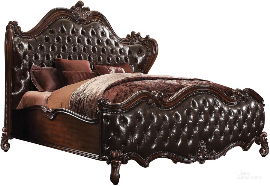 The appearance of Acme Versailles Queen Bed in D.Brown PU/Cherry Oak designed by ACME in the rustic / southwestern interior design. This brown piece of furniture  was selected by 1StopBedrooms from Versailles Collection to add a touch of cosiness and style into your home. Sku: 21120Q-HB;21121Q-FB;21122Q-R. Bed Type: Panel Bed. Product Type: Panel Bed. Bed Size: Queen. Material: Vinyl. Image1
