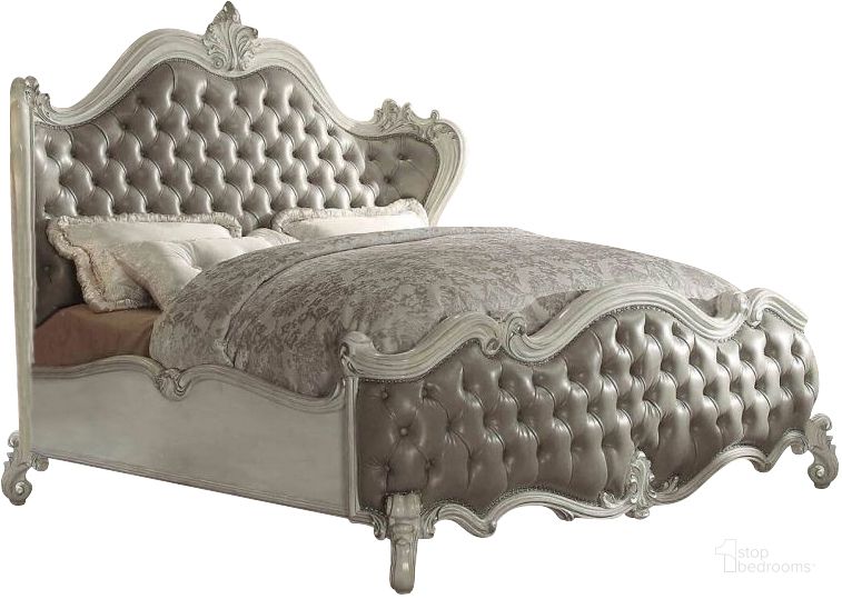 The appearance of Acme Versailles Queen Bed in Vintage Gray PU/Bone White designed by ACME in the rustic / southwestern interior design. This gray piece of furniture  was selected by 1StopBedrooms from Versailles Collection to add a touch of cosiness and style into your home. Sku: 21150Q-HB;21151Q-FB;21152Q-R. Bed Type: Panel Bed. Product Type: Panel Bed. Bed Size: Queen. Material: Vinyl. Image1