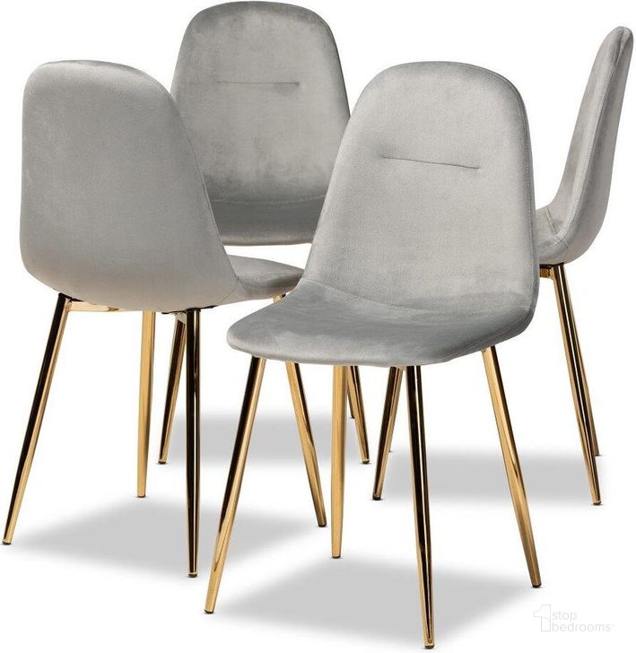 The appearance of Elyse Glam and Luxe Grey Velvet Fabric Upholstered Gold Finished 4-Piece Metal Dining Chair Set designed by Baxton Studio in the glam interior design. This gold piece of furniture  was selected by 1StopBedrooms from Elyse Collection to add a touch of cosiness and style into your home. Sku: DC150-Grey Velvet/Gold-DC. Material: Polyester. Product Type: Dining Chair. Image1